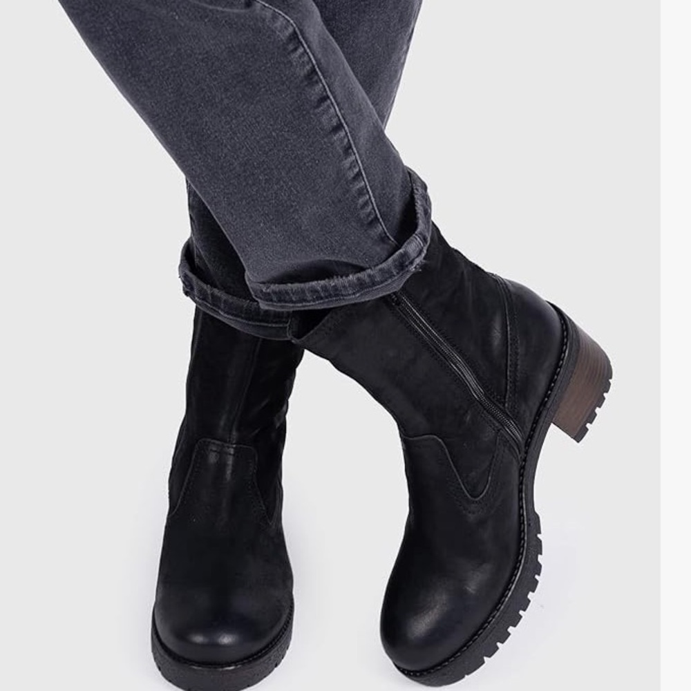Apple of Eden Leather Anne Boots Forest Green Block Heel Zipper Size 38 Fits 7.5